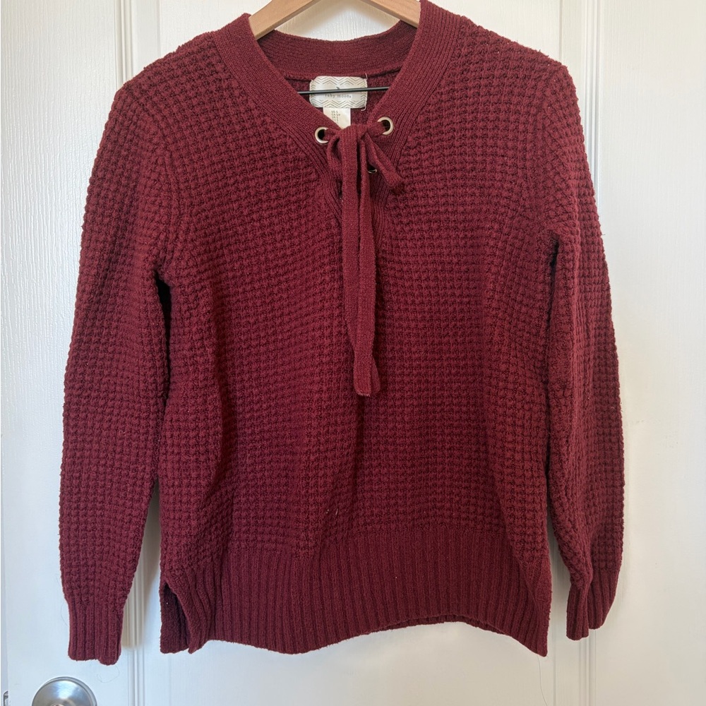 Ruby Moon Burgundy Knit Sweater with Lace-Up Neck